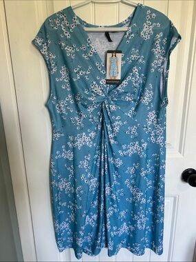 Blue Floral Twist-Front Midi Dress